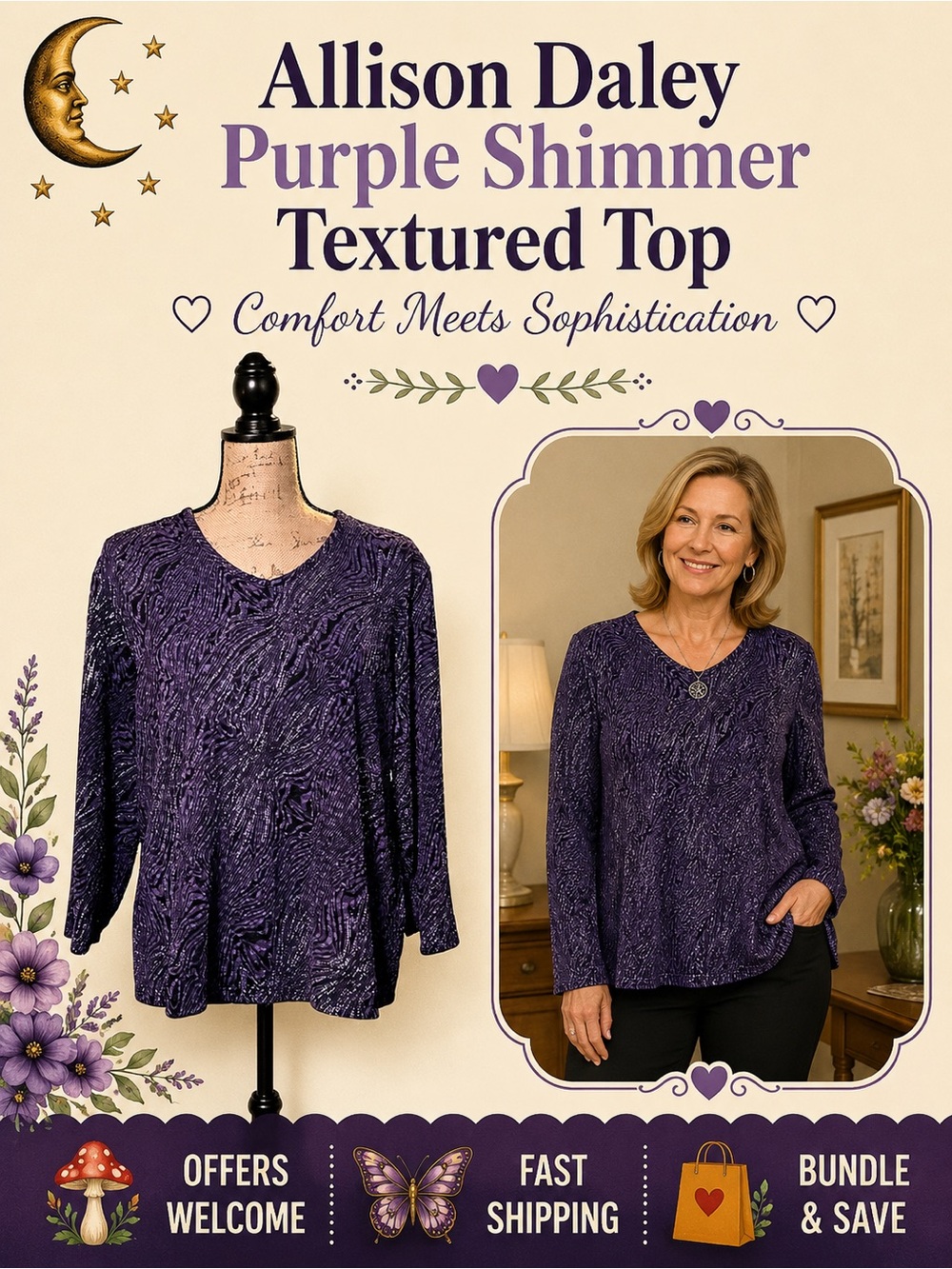 Allison Daley Purple Textured Shimmer Long Sleeve Top Petite Blouse
